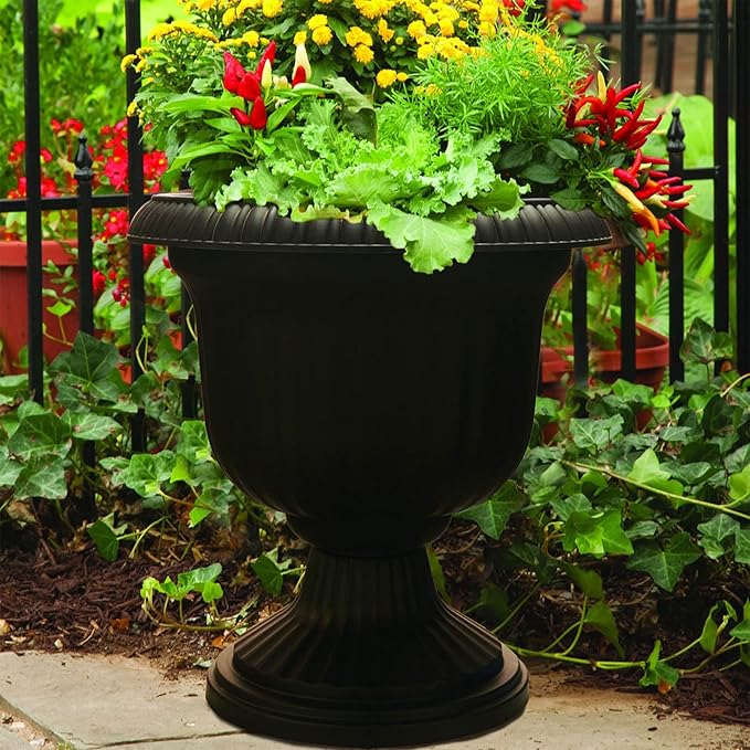 Southern Patio Large 14 Inch Outdoor Garden Lightweight Utopian Urn Planter with UV-Coated Finish for Entryways, Walkways, and More, Black (2 Pack)