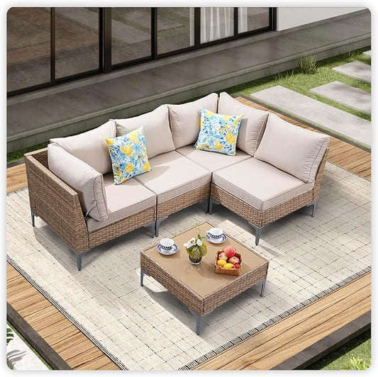 5 Piece Wicker Patio Furniture Set,Outdoor Conversation Sectional Sofa w/Coffee Table,All-Weather Outdoor Sofa with Thick and Anti-Slip Cushions for Deck,Poolside,Garden,Beige