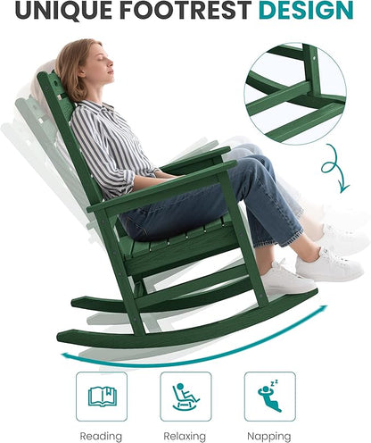 SERWALL Outdoor Rocking Chair Set of 4, Oversized HDPE Patio Rocking Chair with Footrest for Adults, All Weather Porch Rocker for Deck Patio Balcony, Green