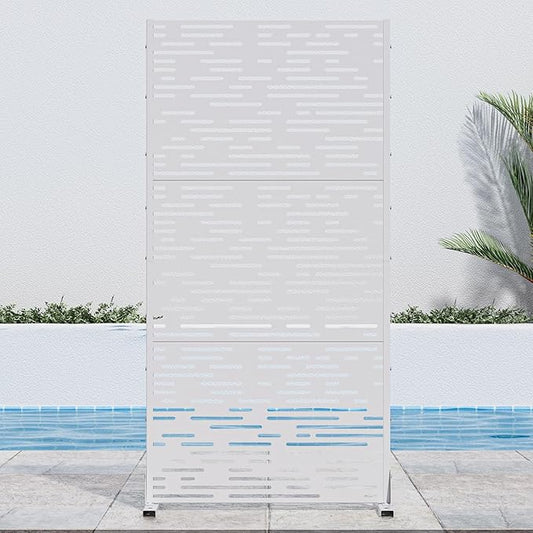 Casaphoria 72" H x 35" W Metal Outdoor Privacy Screen, Freestanding Decorative Divider for Patio, Deck, Balcony, and Garden with Stable Base, White-Godfre