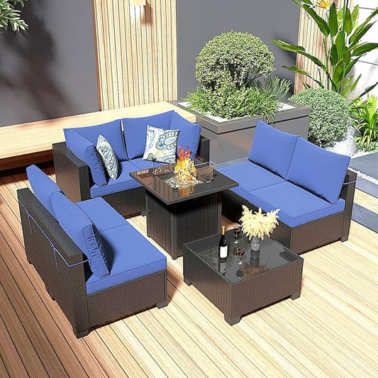 8 Piece Patio Furniture Set with Fire Pit Table, Wicker Outdoor Sectional Sofa, Conversation Set for Backyard, Garden, Deck (Coffee/Blue)