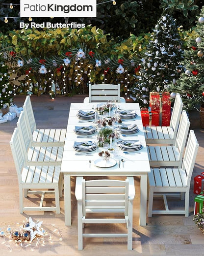 7-Piece White Outdoor Dining Set with Beige 11FT Large Patio Umbrella, 75.2'' HDPE Table & Chairs for 6, Weather-Resistant Furniture with Umbrella Hole for Patio, Lawn, Poolside