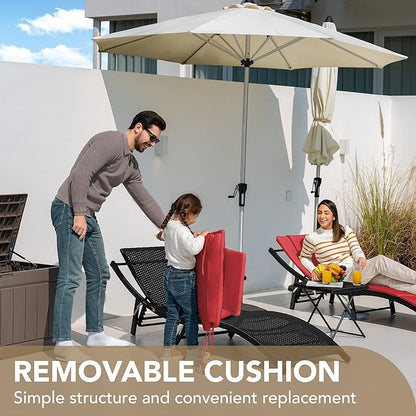 Devoko Patio Chaise Lounge Sets Outdoor Rattan Adjustable Back 3 Pieces Cushioned Patio Folding Chaise Lounge with Folding Table (Red)