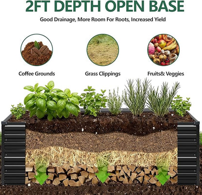 Vengarus 12x2x2FT Galvanized Raised Garden Bed Kit, Large Rectangle Elevated Planter for Vegetables, Flowers, Herbs and Succulents - 359 Gallon Capacity,Black