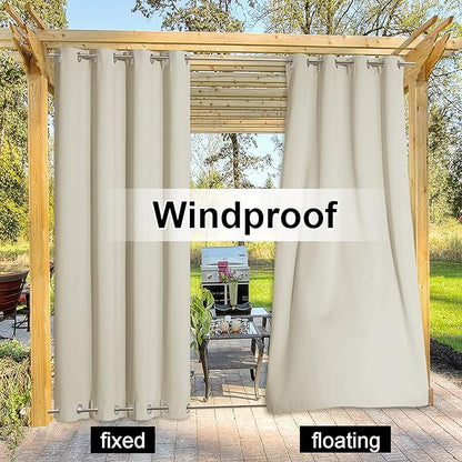 NICETOWN Outdoor Curtain for Patio Waterproof & Windproof, Thermal Insulated Top and Bottom Fixed Rustproof Grommets Light Block Outdoor Curtain Drape for Pool, Beige, 1 Panel, W52 by L95