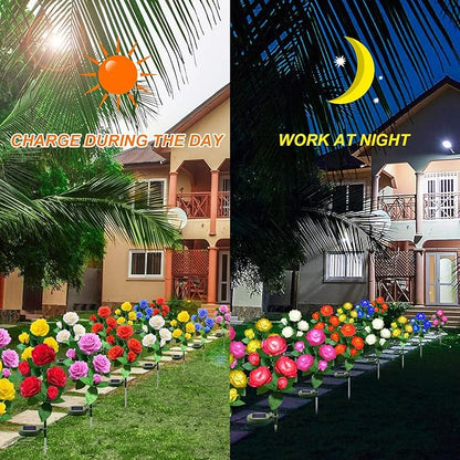 Solar Flower Lights Outdoor - Upgraded New Material Two Modes Realistic LED Solar Powered Waterproof Lights with 5 Roses, Solar Decorative Stake Lights for Garden (Multicolor, 4 Pack)