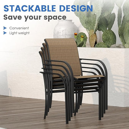 VICLLAX Patio Dining Set for 4, Outdoor Furniture Set Includes 1 Square Patio Table and 4 Stackable Patio Sling Chairs, Patio Table and Chairs for Outsides, Black Table and Brown Chairs