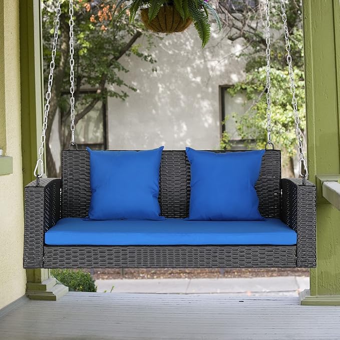 VINGLI Heavy Duty 800 LBS Wicker Hanging Porch Swing with Cushions & Chains, 4FT Outdoor Rattan Swing Bench for Garden, Yard, Lawn (Black+Blue)