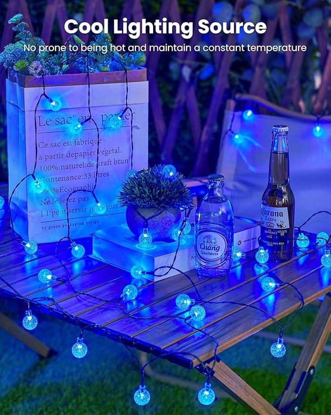 Solar String Lights Outdoor Waterproof, 2 Pack 60 LED 36.5 FT Each, 8 Lighting Modes Solar Powered Patio Lights for Garden Yard Porch Wedding Party Decor (Blue)