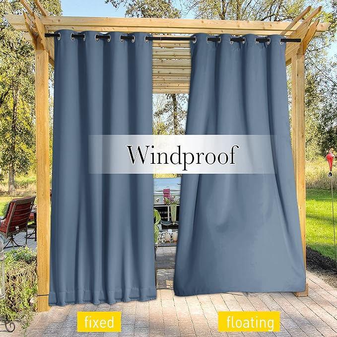 NICETOWN 2 Panels Weighted Outdoor Curtains for Patio Waterproof, Thermal Insulated Grommet & Back Tab on Top & Bottom Windproof Sun Blocking Draperies for Gazebo with Rope, Stone Blue, W66 x L84