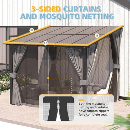 AECOJOY 10’ x 10’ Gazebo, Wall Mounted Gazebos Pergola with Curtains and Mosquito Netting, Enhanced Protective Outdoor Patio Lean to Gazebo Awnings for Deck, Porch, Backyard and Outside