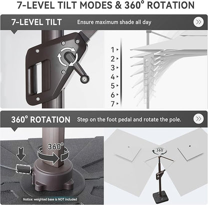 10 X 13 FT Cantilever Outdoor Patio Umbrella with Led Lights Large Heavy Duty 360° Rotation Double Top Offset Rectangular Umbrellas for Backyard Garden Pool Outside Deck, Fog Grey
