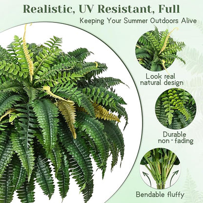 MARTINE MALL 2Pcs 48'' Fake Ferns Artificial Ferns for Outdoors Look Real, 88 Branches Large Faux Boston Fern for Outdoor Planter Realistic UV Resistant Hanging Artificial Fake Plants for Porch Patio