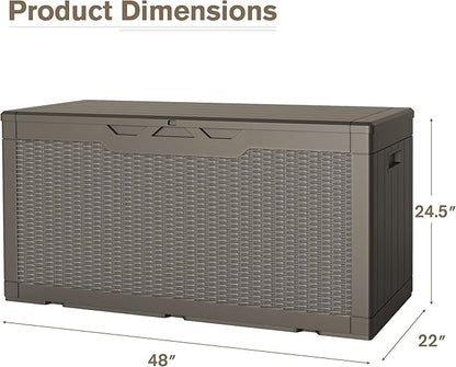 JUMMICO 100 Gallon Resin Deck Box, Waterproof Outdoor Storage Box with Lockable Lid for Garden Tools, Patio Cushions (Light Brown)