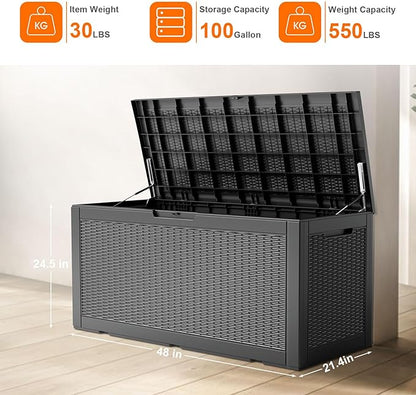 100 Gallon Outdoor Deck Box, Lockable Waterproof Outdoor Storage Boxes For Garden Tools,Indoor Cushions,Accessories Outside Storage Resin Weatherproof Container(Black)