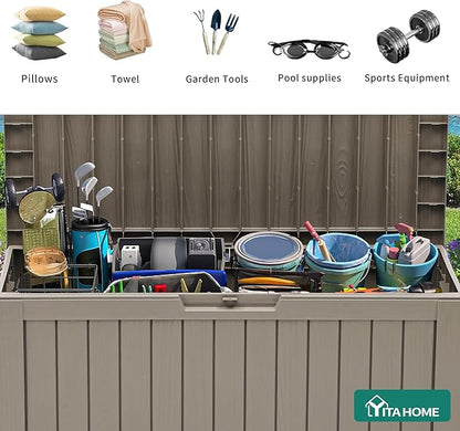 YITAHOME 72 Gallon Outdoor Resin Deck Box with Wheels, Pool Storage Box for Outdoor Cushions, Sports Equipment, Garden Tools, Light Brown