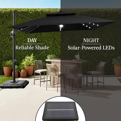 Best Choice Products 9x12ft LED Cantilever Patio Umbrella w/Base Included & 360° Rotation, Large Solar Offset Hanging Outdoor Sun Shade for Deck, Backyard Table w/Stand & Lights – Black