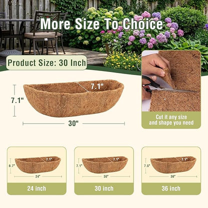 4 Pcs 30 Inch Trough Coco Liner for Window Box, 100% Natural Half Moon Coconut Coir Planter, Replaceable Coconut Fiber Liner for Window Boxes & Fence Flower Baskets (4, 30 inch)