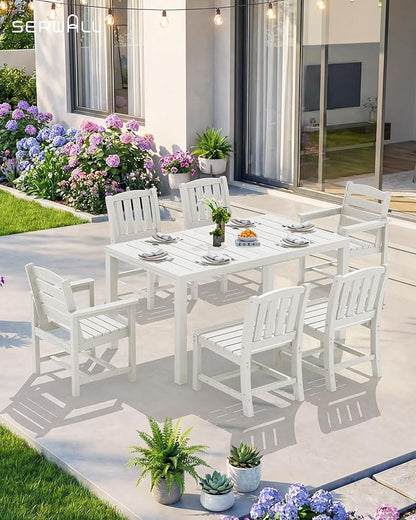 SERWALL 9-Piece Outdoor Dining Set, 60" - 83" Expandable Outdoor Dining Table and 8 HDPE Chairs, All Weather HDPE Outdoor Furniture Set for Backyard, Garden, White
