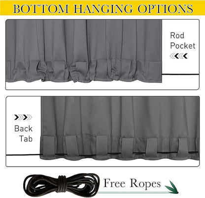 NICETOWN 2 Panels Outdoor Curtains for Patio Waterproof & Windproof, Rod Pocket & Back Tab on Top & Bottom for Privacy and Wind Resistant for Pergola, Free Rope Included, Grey, W52 x L84 per Panel