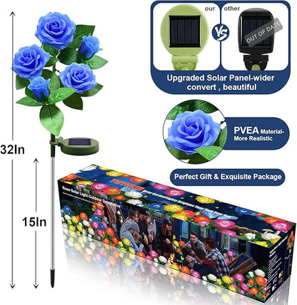 Solar Flower Lights Outdoor - Upgraded Realistic LED Solar Powered Waterproof Lights with 5 Roses, Solar Decorative Stake Light for Garden (Blue, 2 Pack)