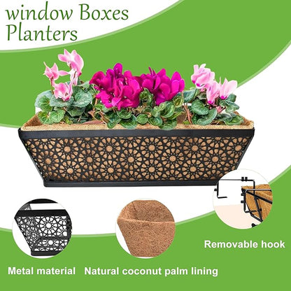 2 Pack 24" Railing Planter Window Box Deck Balcony Rail Planter Black Metal Flower Basket Horse Trough Planters with Coco Fiber Liner for Porch Fence Patio Outdoor