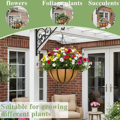 Black Flat Iron Metal Hanging Planter Basket with Coco Coir Liner(4 Pack, 14 Inch) Hanging Planters for Outdoor Plants Round Plant Flower Pots Hanging Flower Basket for Outdoor Patio Garden Decoration