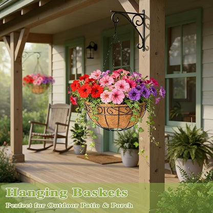 4 Pack 12 Inch Hanging Baskets for Plants Outdoor Metal Hanging Planter Hanging Flower Baskets with Coco Fiber Liners Chain Round Wire Plant Holder Flower Pots(Plaid)