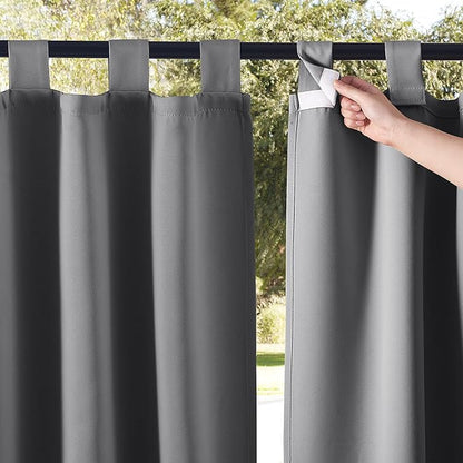 NICETOWN 2 Pieces Outdoor Curtainss for Patio Waterproof 95 inch Length, Sticky Tab Top Thermal Insulated Blackout Window Treatment Dividers Protect Privacy for Cabana/Arbor, W52 x L95, Grey