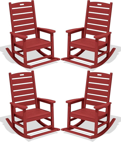 SERWALL Outdoor Rocking Chair Set of 4, Oversized HDPE Patio Rocking Chair with Footrest for Adults, All Weather Porch Rocker for Deck Patio Balcony, Red