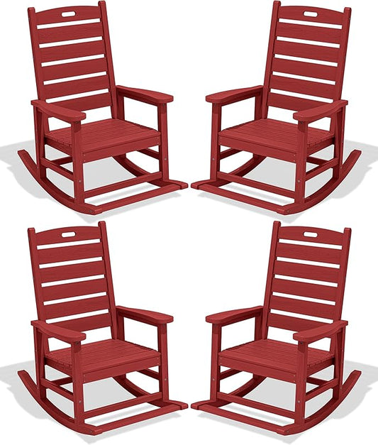 SERWALL Outdoor Rocking Chair Set of 4, Oversized HDPE Patio Rocking Chair with Footrest for Adults, All Weather Porch Rocker for Deck Patio Balcony, Red