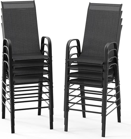 VINGLI Outdoor Bar Chairs Set of 8 – Stackable Outdoor Bar Stools with Sturdy Sling High Back and Armrests for Lawn, Courtyard, Garden, Bar, Black