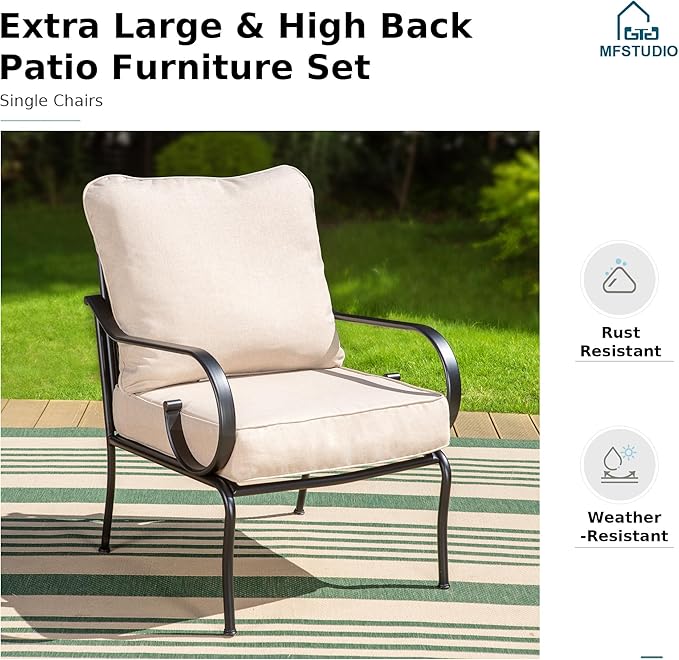 MFSTUDIO 5 Seats Large Metal Patio Conversation Sets, 4 Pieces Outdoor Sectional Furniture Sofa with 2 x Fixed Chairs, 1 x 3-seat Sofa and 1 x 45 inches Rectangular Propane Fire Pit Table