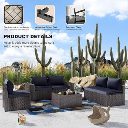 Kullavik 6PCS Outdoor Patio Furniture Set PE Wicker Rattan Sectional Sofa Patio Conversation Sets,Navy Blue