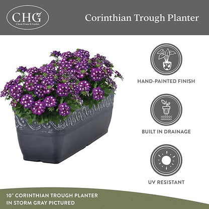 Classic Home and Garden Corinthian Rectangular Trough Window Box Planter, 10", Storm Gray, Pack of 3