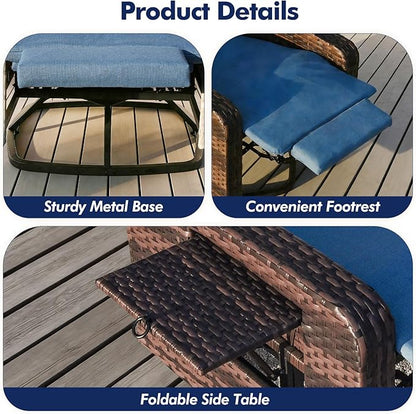 Outdoor Recliner Chair, Wicker Patio Recliners with Adjustable Backrest and Extended Foot Rest, Reclining Patio Chairs with Flip Table & Removable Cushion Cover for Porch