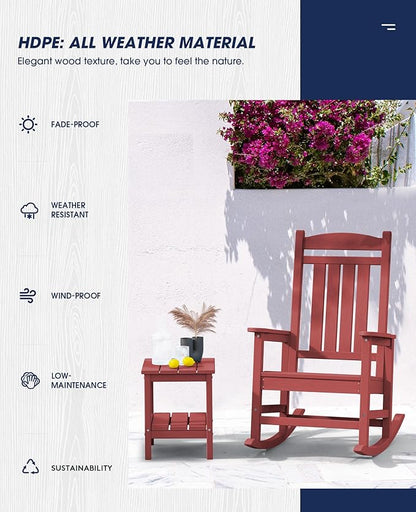KINGYES HDPE Outdoor Rocking Chair Set of 4, All-Weather Poly Patio Rocking Chairs with 330lbs Support for Adults, Dark Red