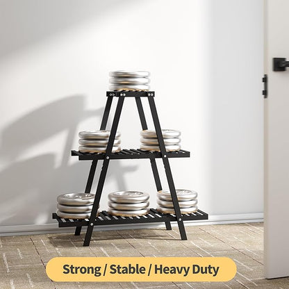 Bamboo Plant Stand Indoor/Outdoor, 3-Tier, Black, Rectangular, 8 Potted Flower Holder Ladder Plant Rack