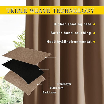 NICETOWN 2 Panels Blackout Waterproof Patio Outdoor Curtains, Top & Bottom Grommet & Back Tab Windproof Hot & Cold Block Drapes Privacy for Pergola with Fixed Ropes, W46 x L63, Tan-Khaki
