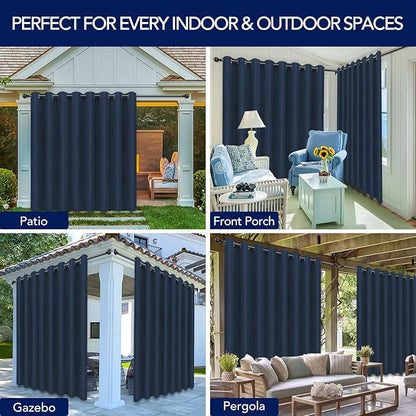 PureFit Outdoor Curtains for Patio Waterproof Weatherproof, UV Resistant Outside Curtains for Gazebo, Front Porch, Pergola, Sun Blocking Privacy Curtain, 120W x 95L inch, 1 Panel, Navy Blue