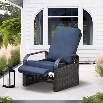 Art to Real Outdoor Wicker Recliner Chair with 5.5'' Cushions, Automatic Adjustable Patio Lounge Chairs, Aluminum Frame Reclining Chair for Lawn Backyard Porch Poolside Deck(Navy Blue)