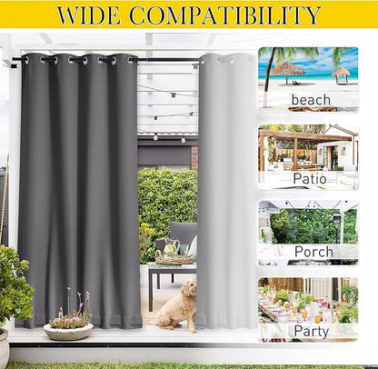 NICETOWN 2 Panels Weighted Blackout Curtains for Patio Waterproof, Top & Bottom Grommet & Back Tab Fixed Outdoor Curtains Windproof Drapes Thermal Insulated for Porch, W84 x L84, Grey