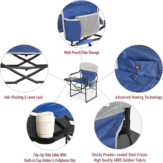 SUNNYFEEL Heated Camping Directors Chair, Heavy Duty,Oversized Portable Folding Chair with Side Table, Pocket for Beach, Fishing,Trip,Picnic,Lawn,Concert Outdoor Foldable Camp Chairs