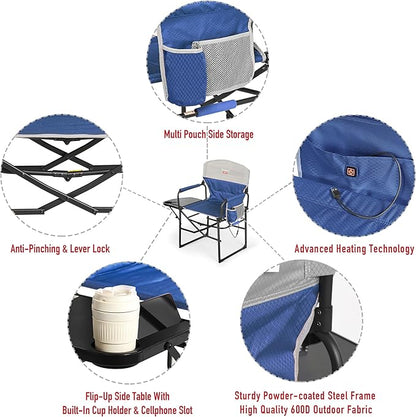 SUNNYFEEL Heated Camping Directors Chair, Heavy Duty,Oversized Portable Folding Chair with Side Table, Pocket for Beach, Fishing,Trip,Picnic,Lawn,Concert Outdoor Foldable Camp Chairs
