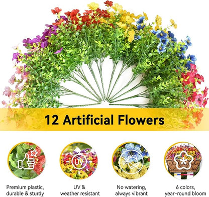 ZeeDix Railing Planter Boxes with Artificial Flowers, 2 Pack 16 Inch Window Box Planter with 24 Pack Fake Flowers for Deck Porch Patio Balcony Garden Home Decor