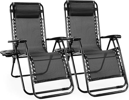 Sweetcrispy Zero Gravity Chairs, Set of 2 Portable Recliner Beach Camping Patio Outdoor Folding Lounge Chair with Cup Holder Trays and Adjustable Pillow for Poolside, Garden, Backyard, Lawn (Black)