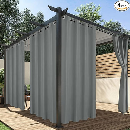 HolidayIdeas Outdoor Curtains for Patio Waterproof, 4 Panels - 54 x 95 Inch - Privacy Protection & Light Filtering Curtains Grey Grommet Outside Curtains for Porch, Gazebo, Pergola, Backyard