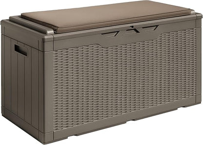Devoko 100 Gallon Waterproof Large Resin Deck Box Outdoor Storage Box Indoor Lockable Storage Container with Cushion for Patio Furniture Garden Pool Cushions (Light Brown)