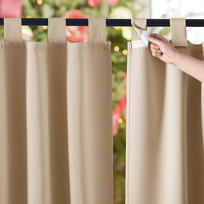 NICETOWN 2 Panels Detachable Sticky Tab Top Thick Outdoor Curtains for Patio Waterproof, W52 x L108, Triple Weave Sun Block Wind Prevention, Thick Enough Protect You from Sun/Rain, Biscotti Beige