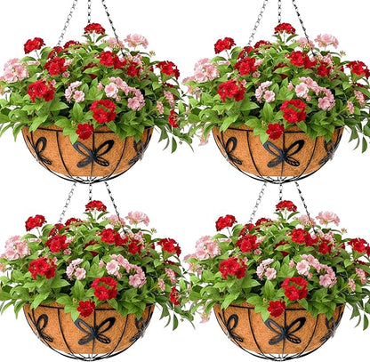 14 inch Metal Hanging Baskets For Plants Outdoor 4 Pack Round Metal Wire Hanging Basket Planter with Coco Fiber Liners Chain Round Wire Plant Holder for Garden, Patio, Deck, Porch Plants Flower Potss